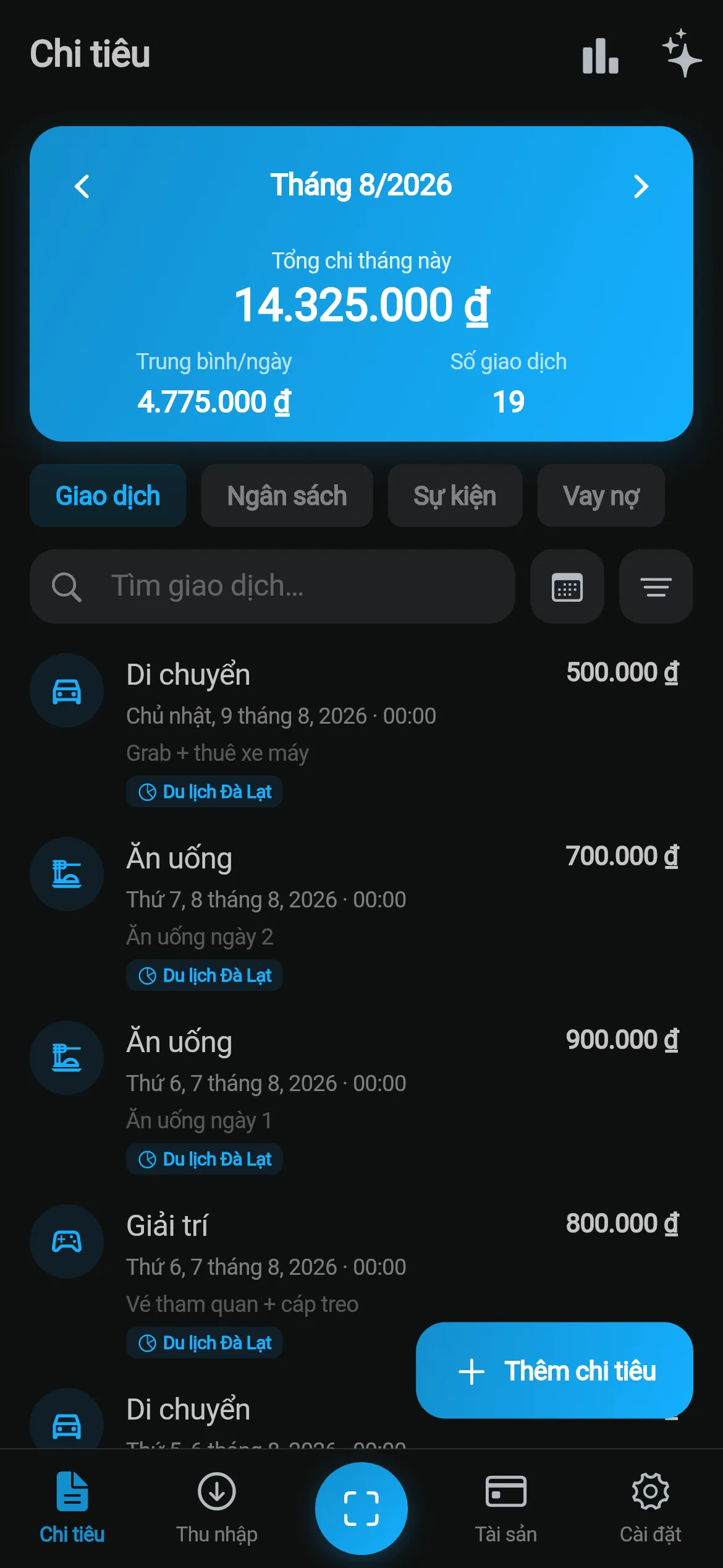 Màn hình chi tiêu của eevas