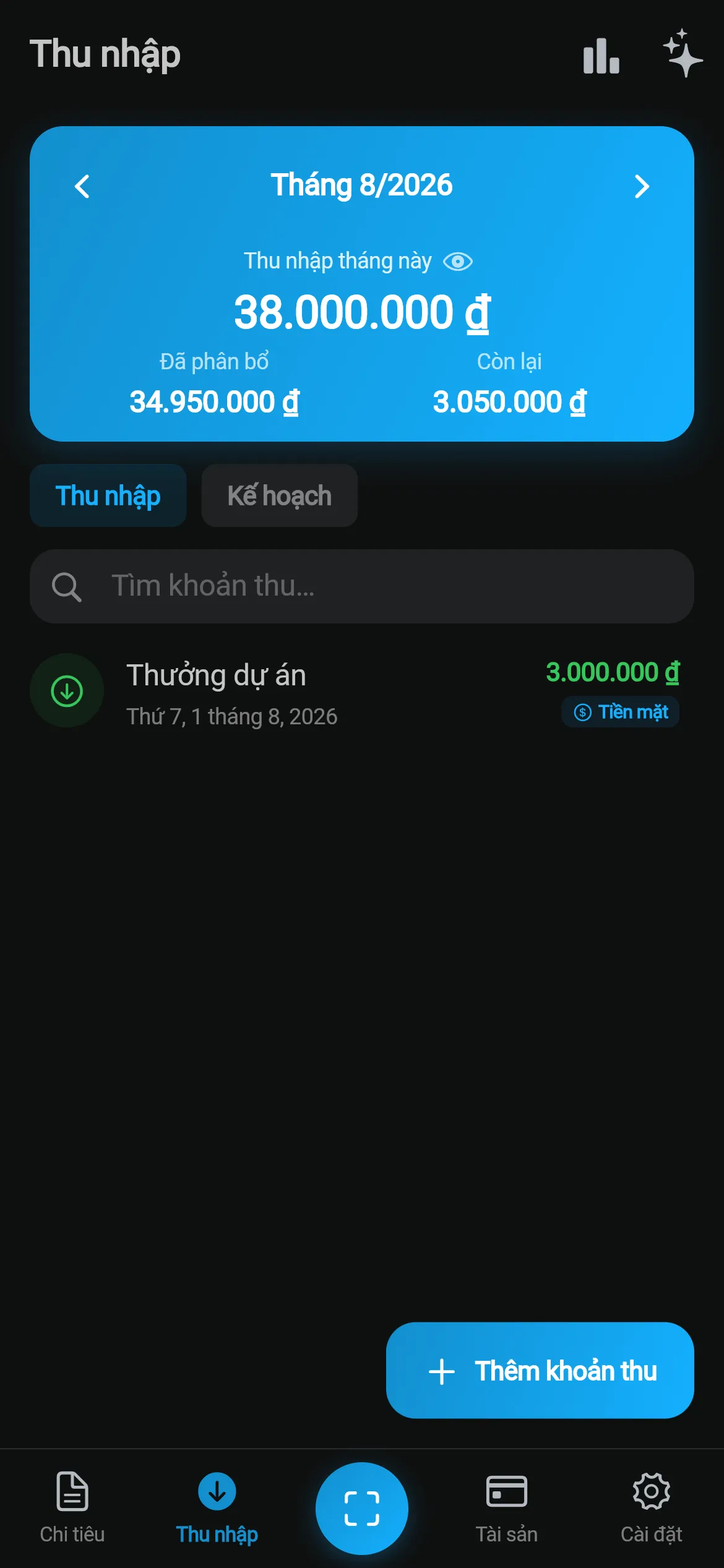 Màn hình thu nhập của eevas