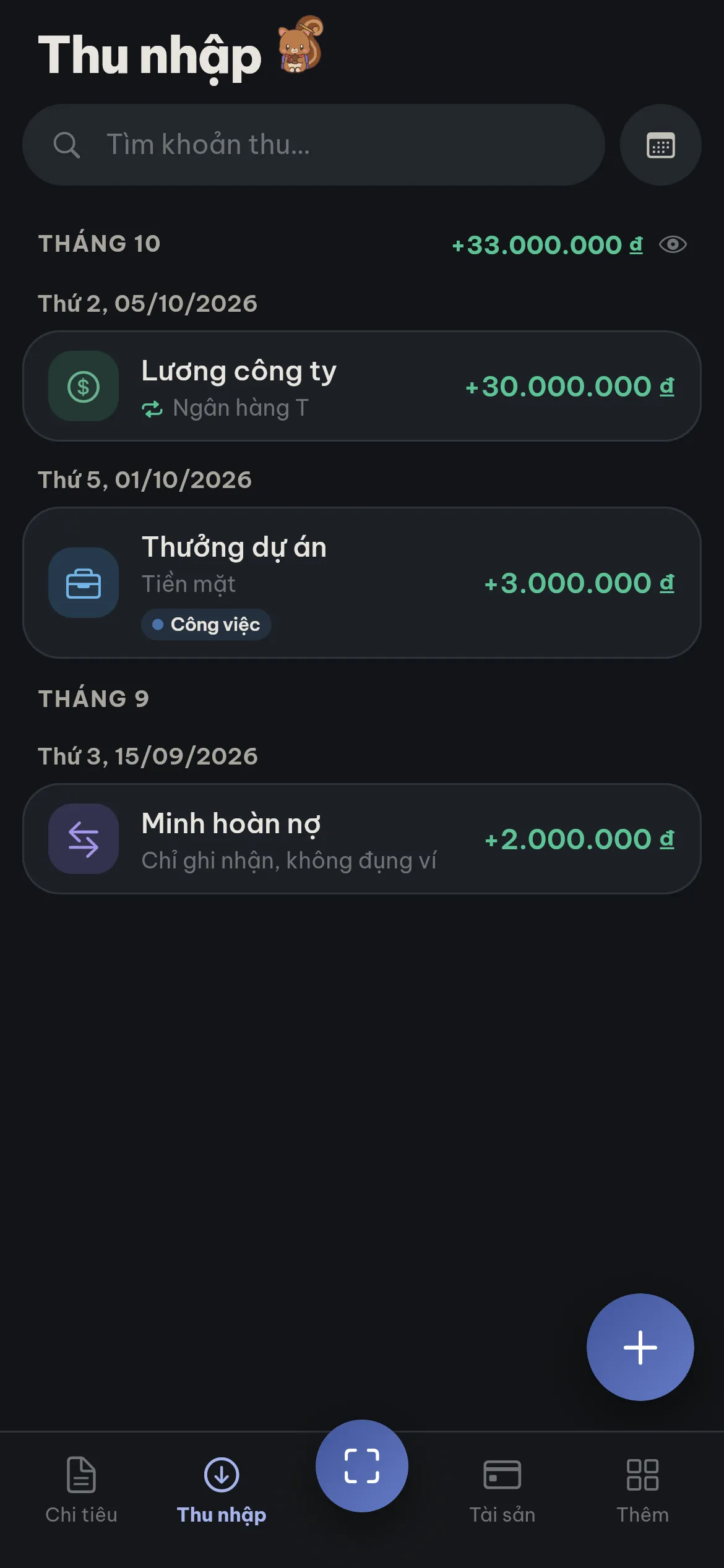 Tab Thu nhập