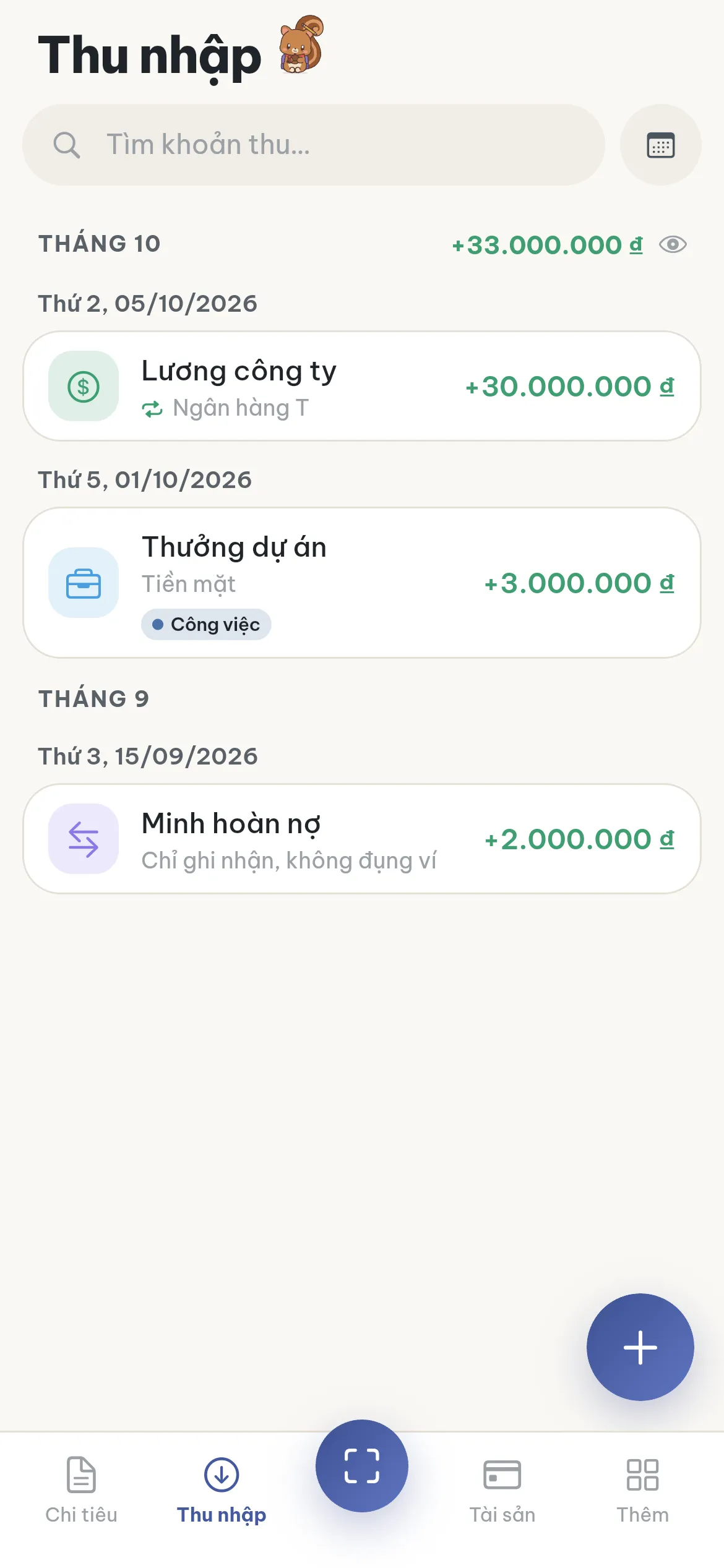 Tab Thu nhập