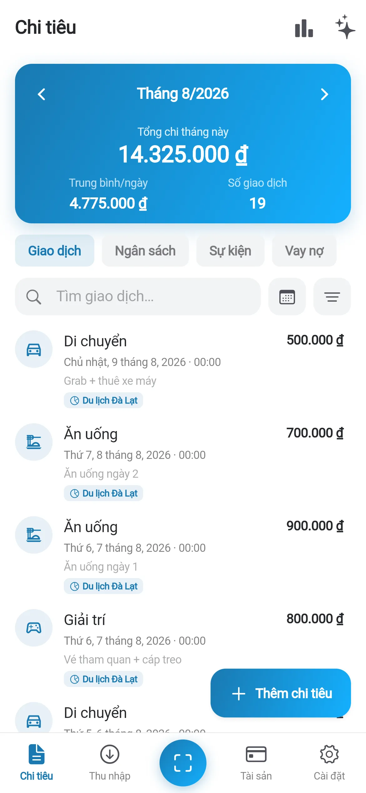 Màn hình chi tiêu của eevas