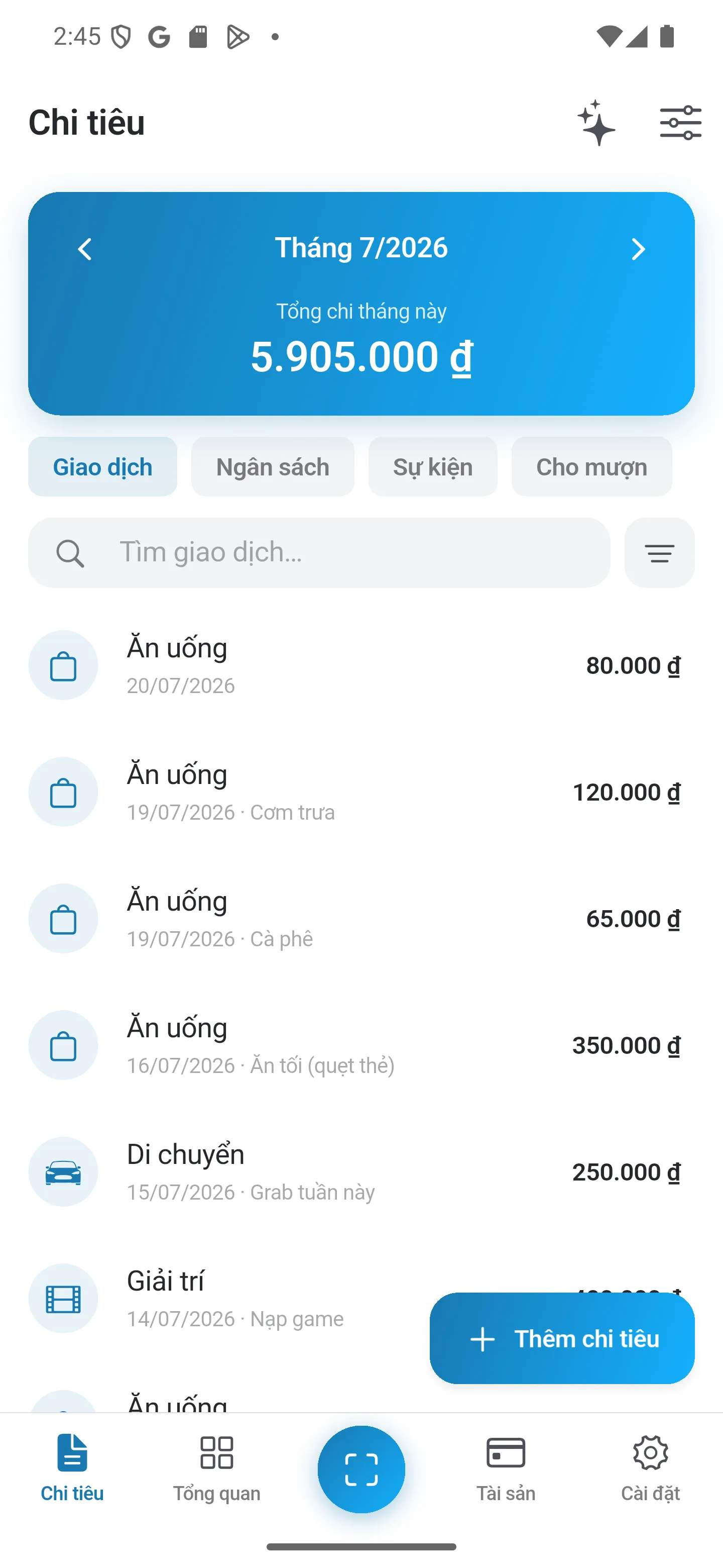 Màn hình chi tiêu của eevas
