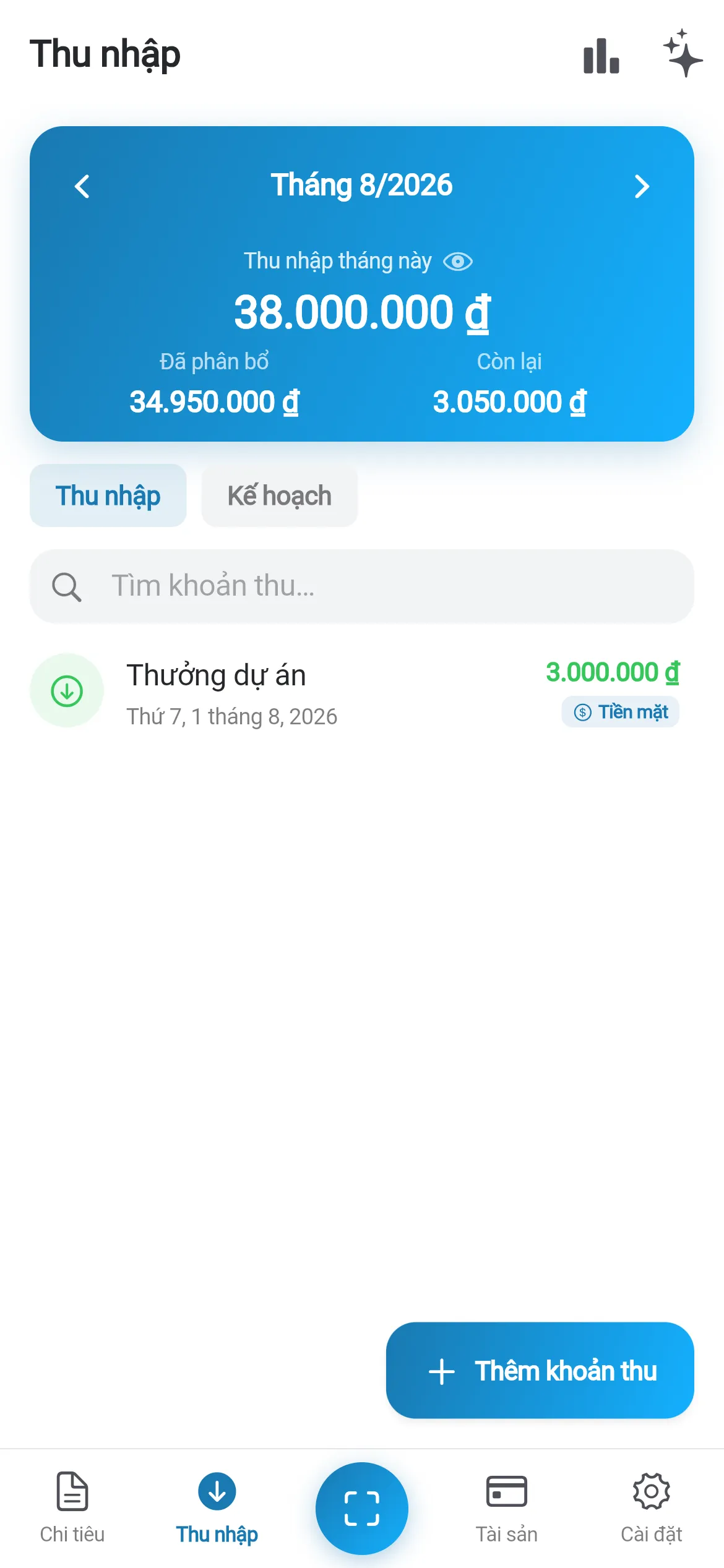 Màn hình thu nhập của eevas