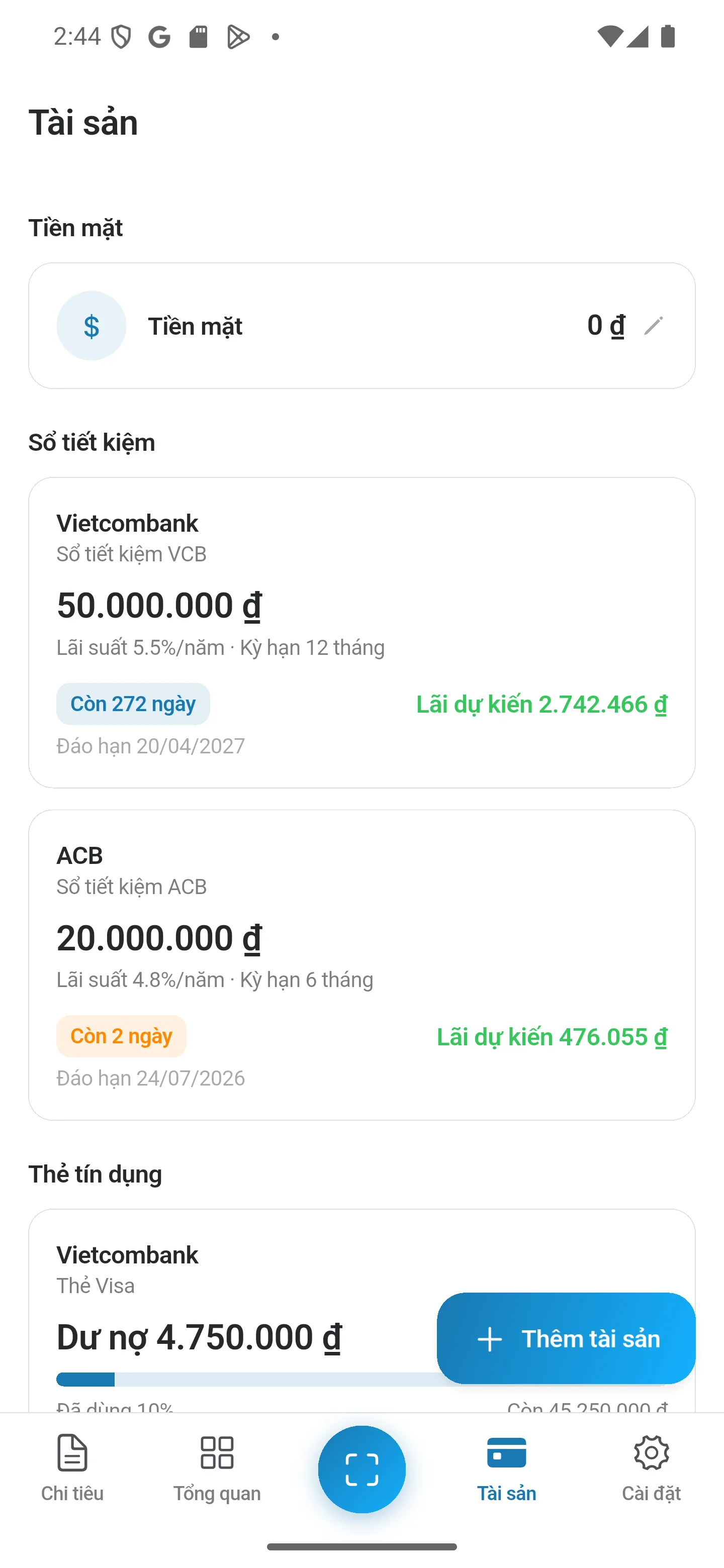 Màn hình tài sản của eevas