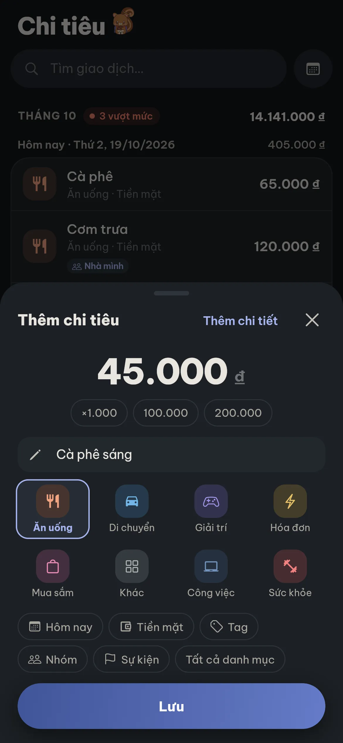 Sheet nhập nhanh với 8 ô danh mục