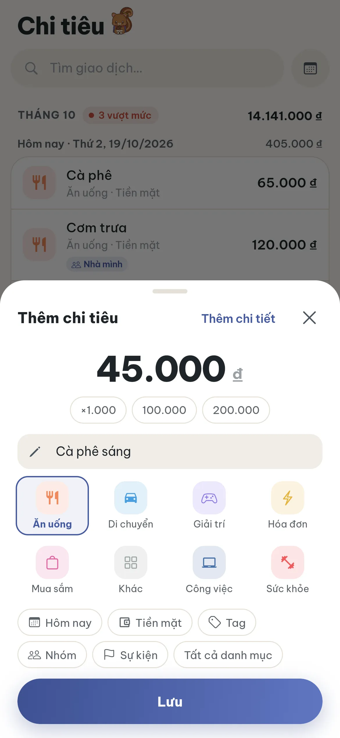 Sheet nhập nhanh với 8 ô danh mục