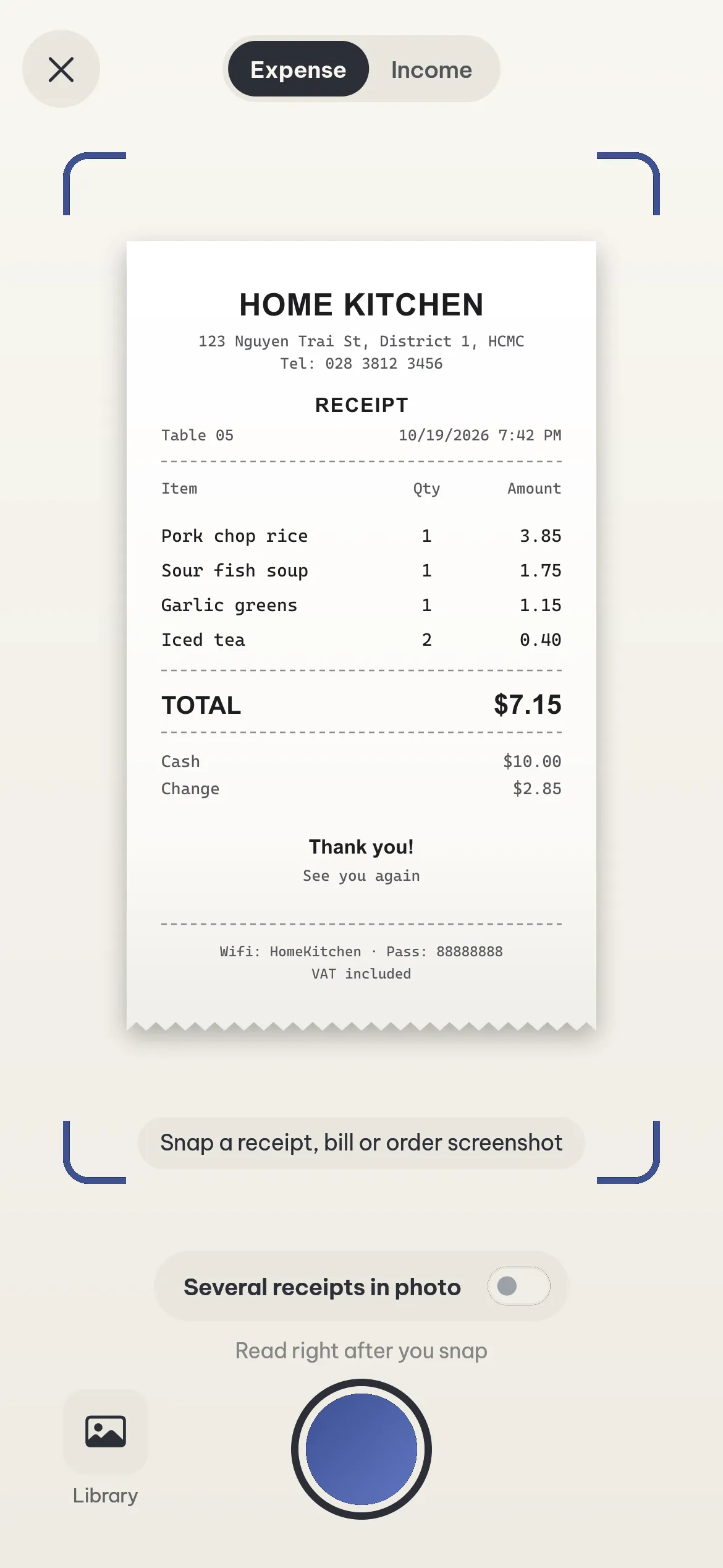 Receipt capture screen