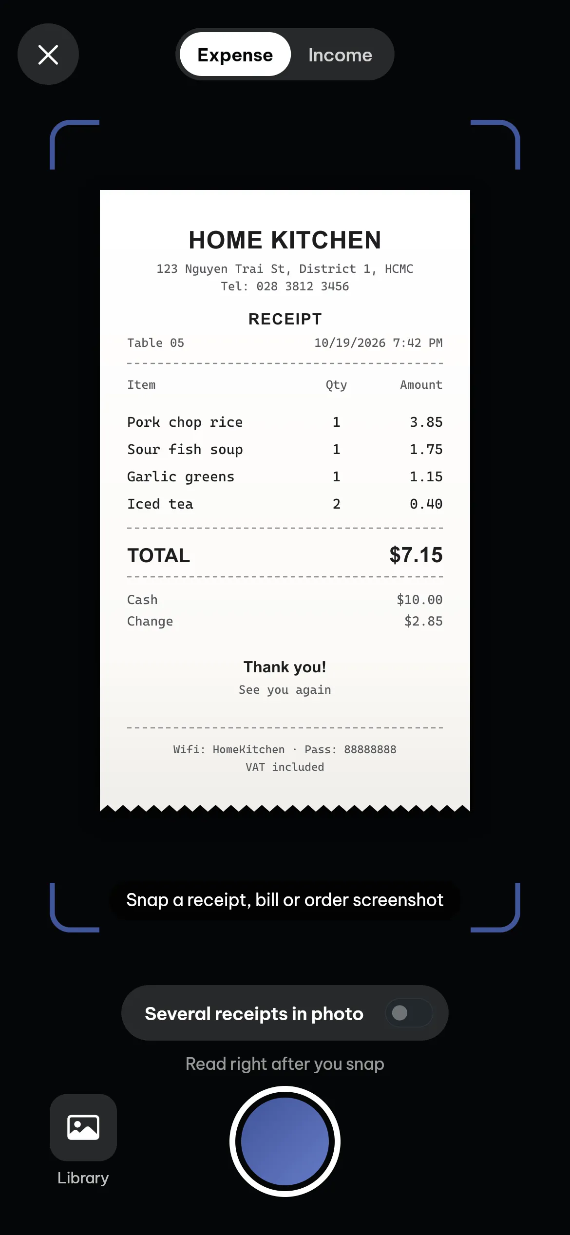 Receipt capture screen