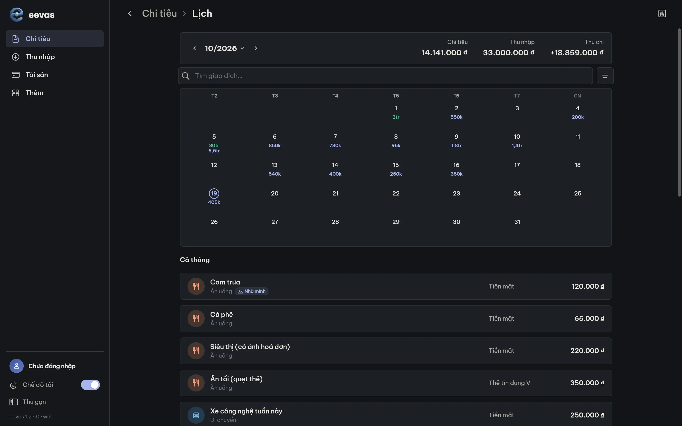 Bản web eevas — Lịch chi tiêu