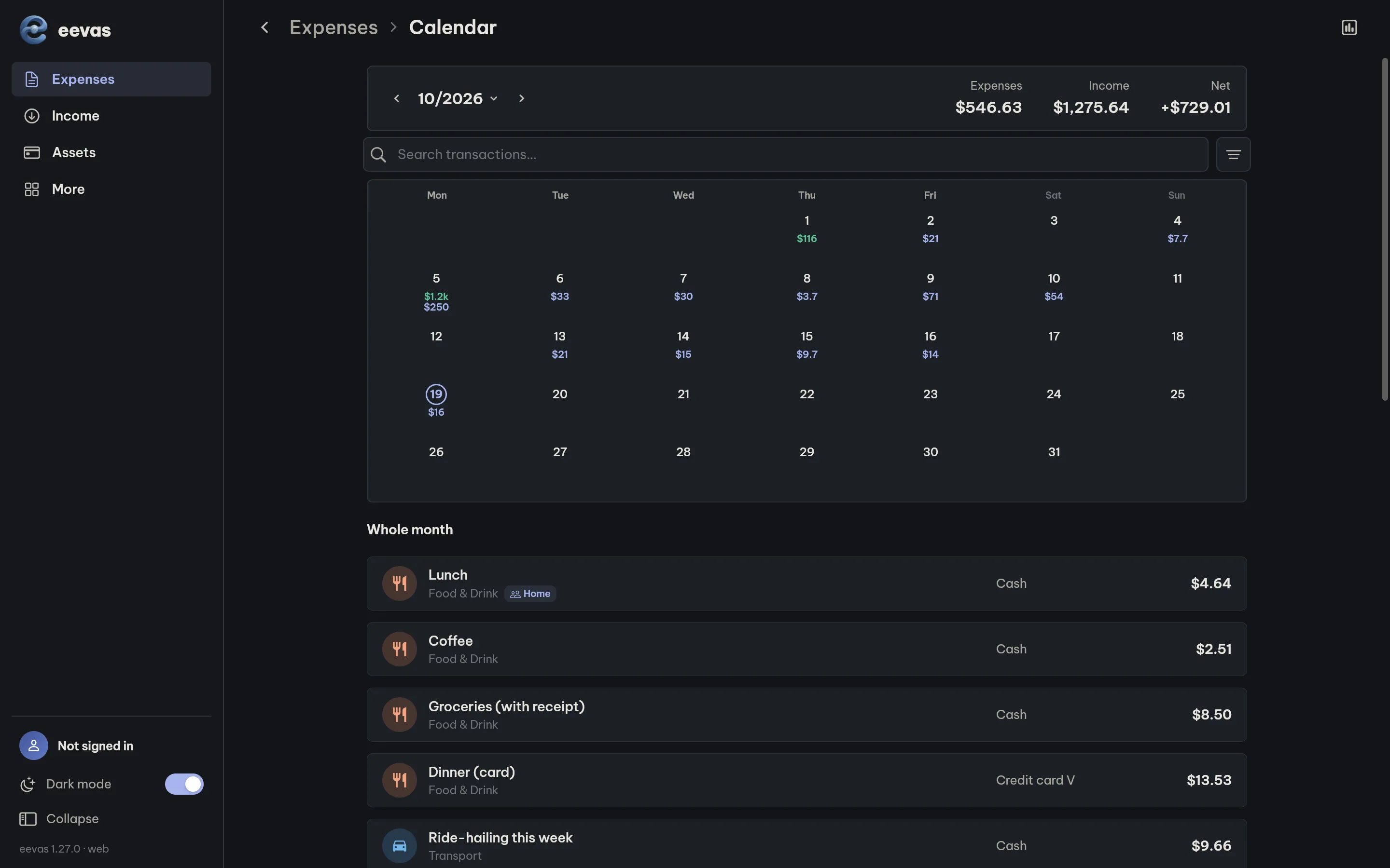 eevas web app — Spending calendar