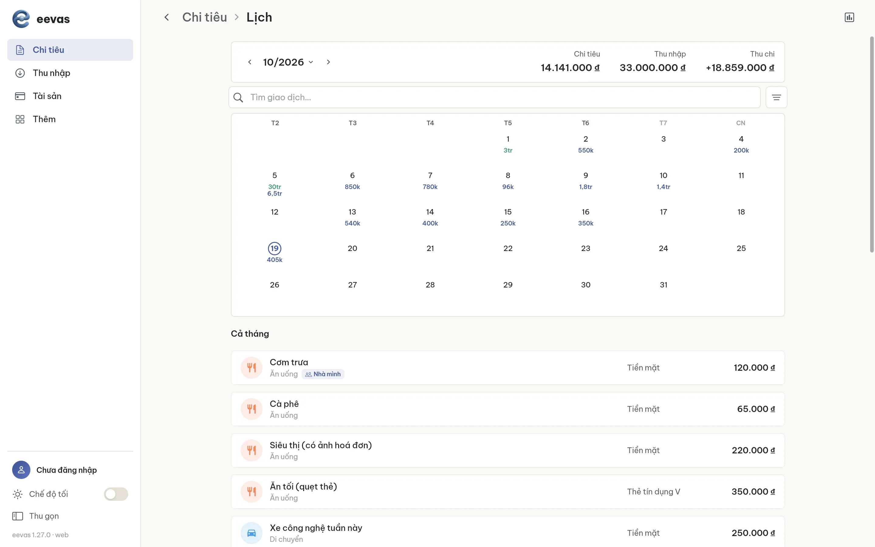 Bản web eevas — Lịch chi tiêu