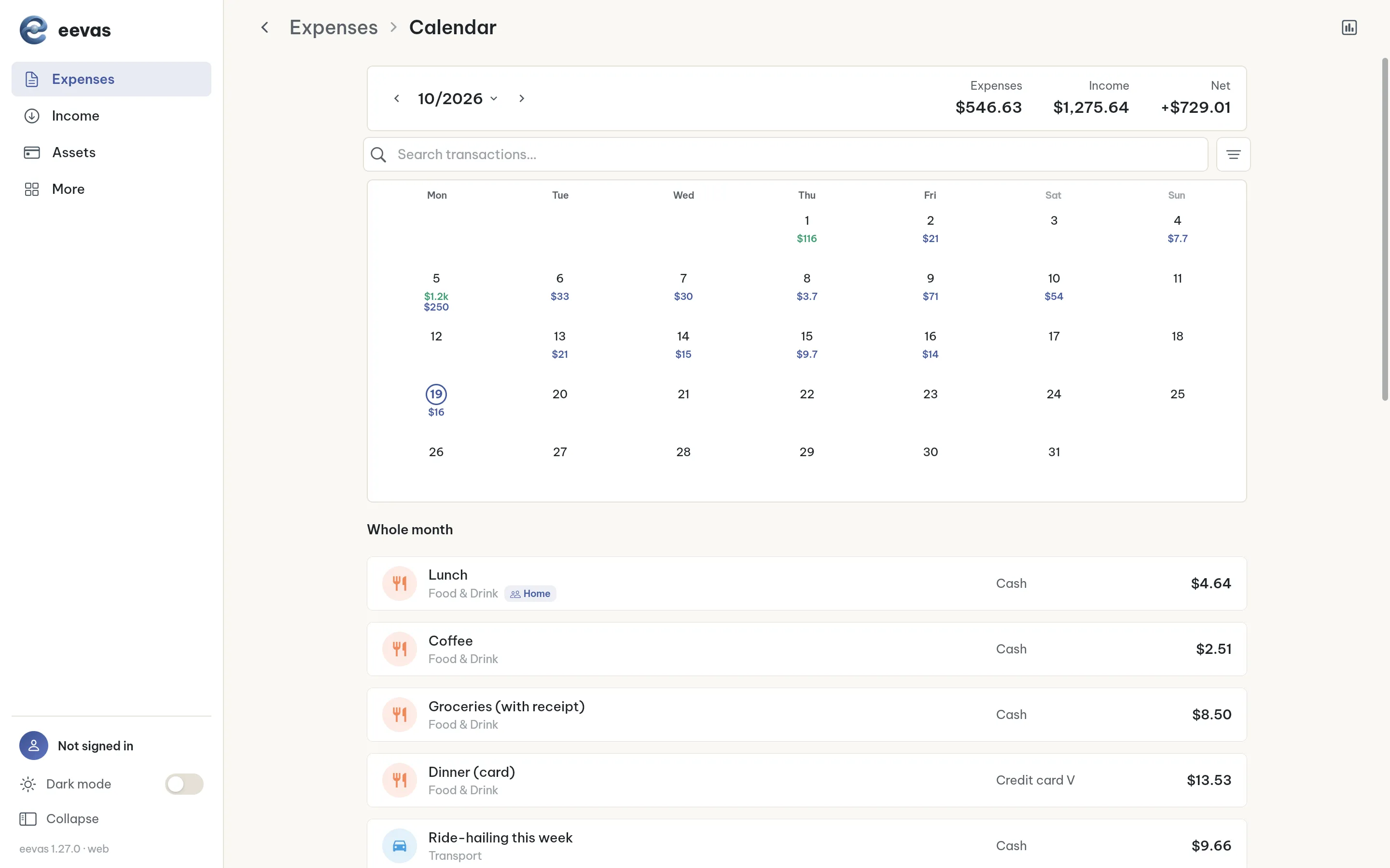 eevas web app — Spending calendar